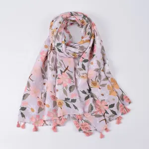 White Color Big Floral Women Scarf Print Cotton Feeling Viscose Hijabs Scarves For Ladies Shawls And Wraps Pashmina Stoles