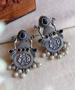 Ethnic Black Stone Oxidised Drop Earrings Trendy Brass <b>Jewellery</b> Set for Casual and Office Wear Inspired from India - Product Image 1