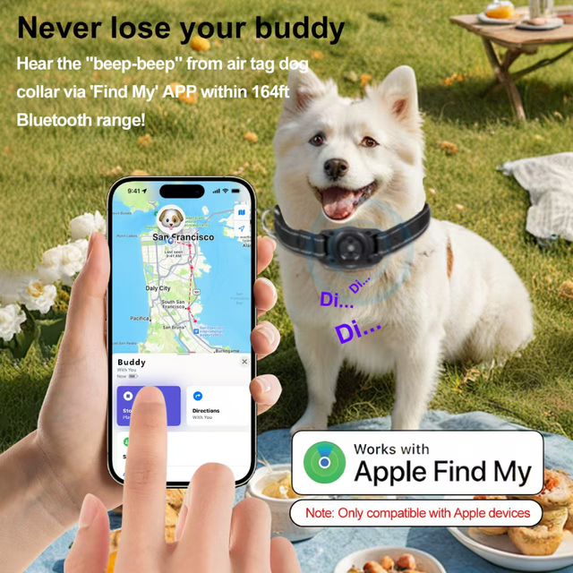 Dog Cat GPS Tracker Collar Apple Find My MFi Certified Solid IP68 Waterproof Reflective Adjustable Anti Lost Black Blue Red Teal