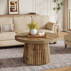 โต๊ะกาแฟทรงกลมขนาดเล็ก 31.5 นิ้ว รุ่น Tribesigns สไตล์ฟาร์มเฮาส์ พร้อมฐานทรงกลองลายร่อง โต๊ะกลางสไตล์โมเดิร์นโบโฮยุคกลางศตวรรษ - Product Image 1