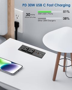 Multiprise de bureau encastrable noire avec ports USB-C et USB de 30 W, double prises CA, <span class=keywords><strong>prise</strong></span> plate encastrée pour bureau à domicile - Product Image 5