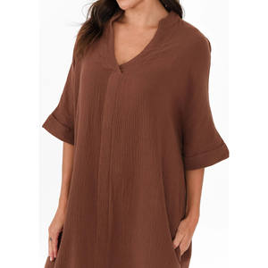 Robe en coton moka pour femmes manches d'été chemise de nuit solide impression numérique personnalisation en gros robe en tissu de fromage à vendre - Product Image 2