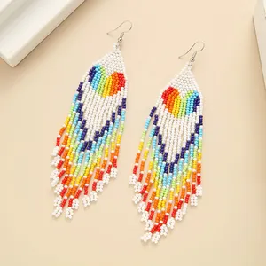 New Arrival Fashion Jewelry Rainbow Series Heart Shape Tassel Handmade Miyuki India Beaded Earrings