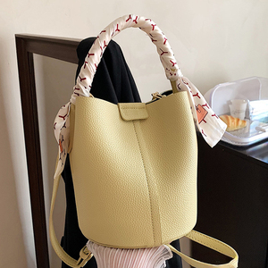 Pebbled Leather Bohemian Bucket Handbag with Scarf Removable Cross-Body Strap Large Capacity Women's Daily Use Shoulder <b>Purse</b> - Product Image 5