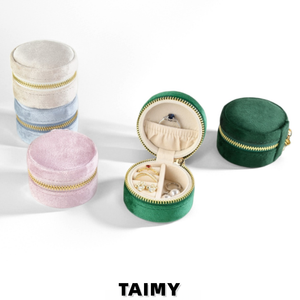 Wholesale Mini Round Velvet Zipper Jewelry <strong>Box</strong> Portable Travel Ring Earring Storage Case Custom Logo Jewelry Gift Packaging <strong>Box</strong> - Product Image 5