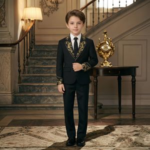 Traje <span class=keywords><strong>de</strong></span> Caballero para Niños, Estilo Barroco, Bordado Dorado, Chaqueta con Solapa <span class=keywords><strong>de</strong></span> Muesca, Pantalones Rectos, Corbata, 3 Piezas, Conjunto para Fiesta - Product Image 1