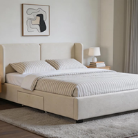 Base de Cama Queen Size de Lujo Tapizada en Terciopelo Crema con Cabecero de Alas y Almacenamiento, con Cajones para Dormitorio de Villa u Hogar