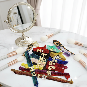 नई चुंकी 18k सोने की प्लेटेड बुलबुला पुफ प्रारंभिक पत्र और दिल के बीड मल्टीकोलर ग्लिटर फीता कॉर्ड समायोज्य कंगन - Product Image 3