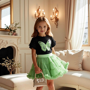Conjunto de Ropa para Niñas Pequeñas al por Mayor, Camiseta de Manga Corta con Flores de <span class=keywords><strong>Tul</strong></span> + <span class=keywords><strong>Falda</strong></span> de <span class=keywords><strong>Tul</strong></span> en Capas Sólida, Conjunto de 2 Piezas - Product Image 1