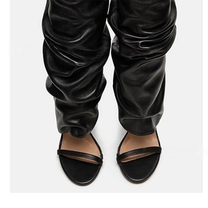 2026 New Style Trendy Cool Women's <b>Black</b> Pu Patchwork Hard-Wearing Ruffled Knee-Length 7cm/8cm Wedge <b>Heel</b> <b>Open</b>-<b>Toe</b> Sandals - Product Image 4