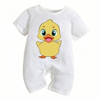 Romper Bayi Ramah Lingkungan Summer Infant, Kerah Bulat Motif Bebek, 100% Katun, Lengan Pendek, Putih, Untuk Bayi Laki-laki & Perempuan, Kancing Tekan di Selangkangan