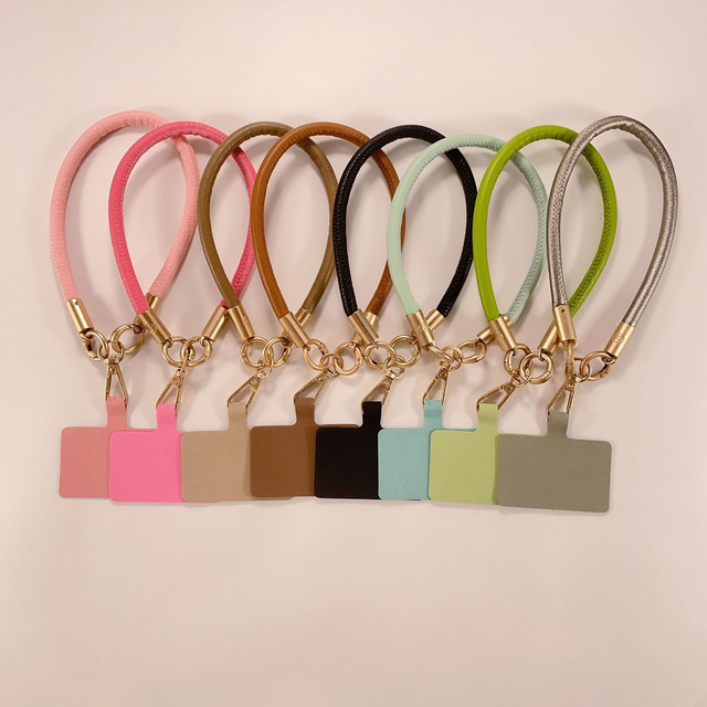 Hot Sale Eco-Friendly Cute Pu Leather Mobile Phone Wrist Strap Gold Metal Buckle Anti Loss Silk Screen Printed Short Keychain