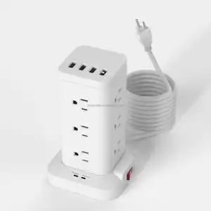 Power Strip Tower Surge Protector 12 Wide Spaced Outlets 3 USB Ports Extension Cord Flat Plug Charging Station with Compact size