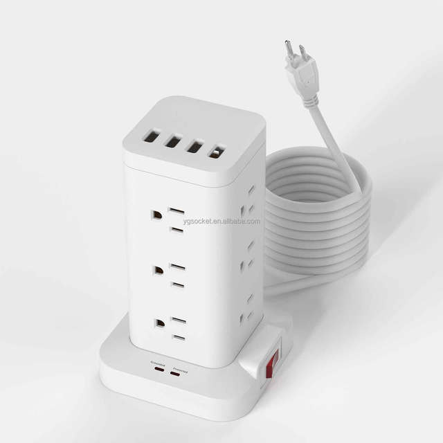 Power Strip Tower Surge Protector 12 Wide Spaced Outlets 3 USB Ports Extension Cord Flat Plug Charging Station with Compact Size