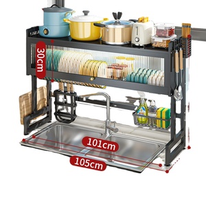 Organizador de fregadero de plástico enrollable extensible, escurridor de secado de platos de cocina con tapa, palillos, cuencos y estantes para platos, almacenamiento - Product Image 1