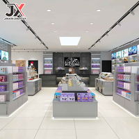 Comptoir de présentation modulable pour magasin de snacks et jouets, design personnalisé, îlot à niveaux, gris moderne, accent bois chaud, pour articles de collection