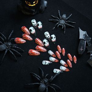 Faux <span class=keywords><strong>ongles</strong></span> à presser Halloween Crâne, forme amande moyenne, motif chauve-souris et toile d'araignée, ombré noir et <span class=keywords><strong>orange</strong></span>, en acrylique pour femmes - Product Image 3
