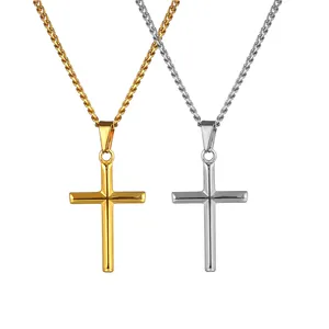 Factory Price 18k Gold Cross Pendant Necklace Stainless Steel Waterproof Gold Plated Jewelry Cuban Chain Sideways Cross Necklace