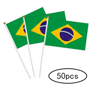 Brazilië Nationale Vlag Met Vlaggenmast 14*21Cm Polyester Dubbelzijdig Voetbal Racing Hand Vlag