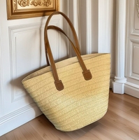 Panier en paille naturelle fait main, design classique simple, grand espace, idéal pour le shopping, les voyages et la plage - Vente chaude