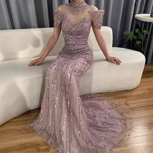 Color caramello/vino rosso/rosa 2025 nuovi abiti da sera a sirena di lusso con perline a collo alto per occasioni formali abiti da ballo - Product Image 4