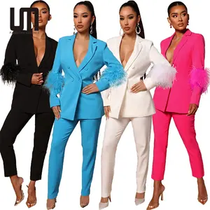 Liu Ming New Fashion Elegant Women Outfits Feathers XS Two Piece Office Wear Blazer Coat And Straight Pants Set