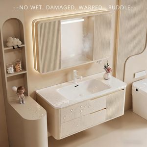 <span class=keywords><strong>Mobile</strong></span> <span class=keywords><strong>Bagno</strong></span> Sospeso Stile Crema con 2 Cassetti, Lavabo Integrato in Ceramica e Specchio Smart LED Antiappannamento - Product Image 6
