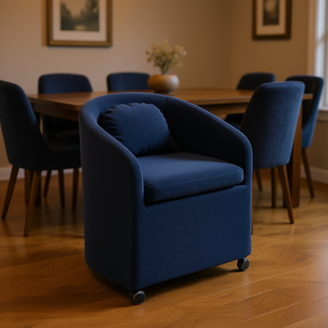Poltrona da Pranzo in Tessuto Ciniglia Blu con Cuscino Posteriore e Ruote Universali, Design Contemporaneo, Arredamento Moderno per la Casa - Product Image 2