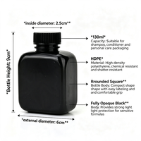 Flacon de stockage carré en PEHD noir de 130 cc avec petite ouverture, flacon en plastique pour shampoing, sérum capillaire, gel douche, sous-conditionnement