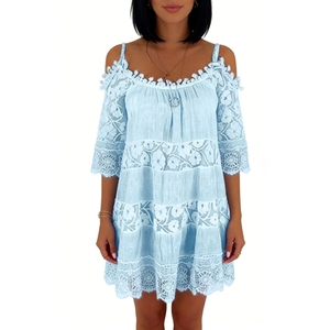 Robe courte à épaules dénudées pour femmes avec dentelle - Robes décontractées à manches courtes et à volants, tendance - Product Image 5