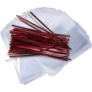 Bolsas transparentes de celofán OPP de 5 x 7 pulgadas con 100 ataduras rojas para regalos de boda, dulces y galletas. - Product Image 5