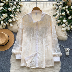 <span class=keywords><strong>Chemisier</strong></span> brodé de paillettes perlées de luxe français haut transparent ample pour femmes pour un style tendance - Product Image 3