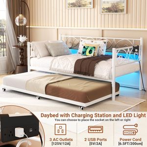 Moderna <span class=keywords><strong>Cama</strong></span> <span class=keywords><strong>Nido</strong></span> Doble Plegable con Estación de Carga, Luces LED y Soporte de Láminas de Acero para Sala de Estar/Dormitorios - Product Image 5