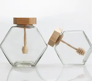 Verschillende Grootte Glas Honing Jar Zeshoekige Glazen Pot Met Houten Deksel