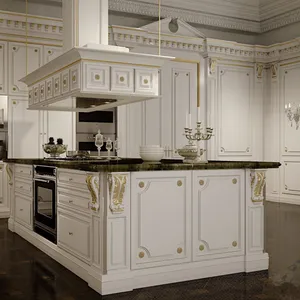 High End Antique Style Modular Luxury Solid Wood Kitchen With Island Designs Cabinet With Gold Line