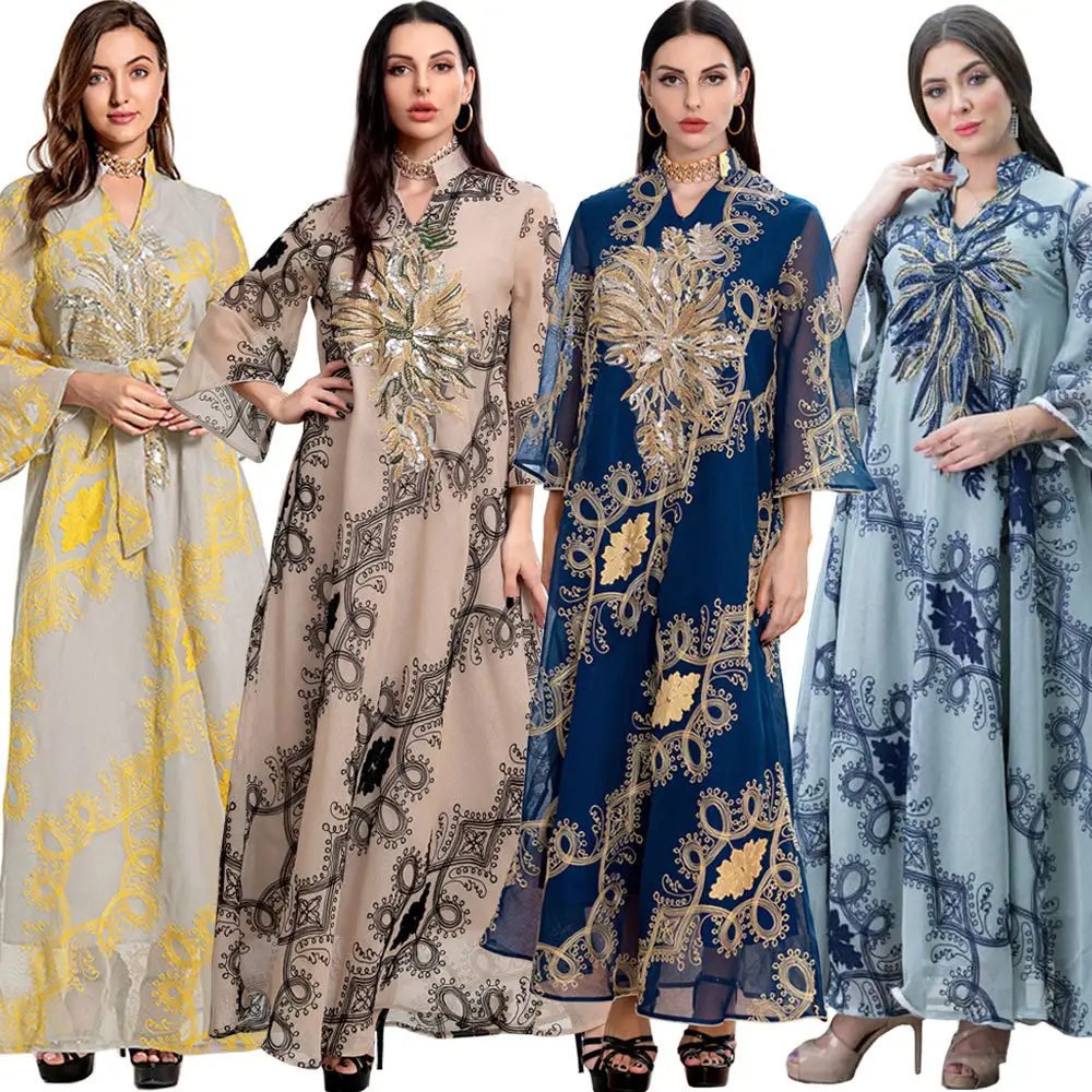 Middle East Abaya Ethnic Style Women's Sequin Muslim Abaya Fashion Long Sleeve Womens Evening Dresses Dubai Loose Shirt Dress