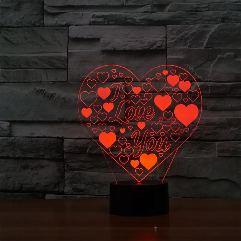 Lampe LED 3D multiforme en forme de cœur d'amour, veilleuse colorée de vacances romantiques ("I Love YOU")