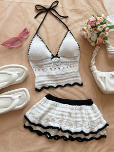 Viviblook Z915ST12 Sexy otoño nuevo chaleco de punto Sexy sin espalda hueco Halter Top Mini falda traje de punto conjunto de 2 piezas para mujer - Product Image 6
