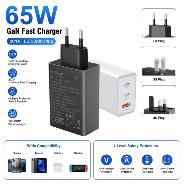HNT GaN 65W Fast Charger UK EU US Plug Charger Type-c Gan Super Fast Charge Wall Charger Adapter for Apple iPhone Samsung