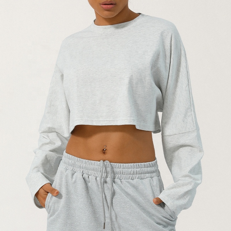 Women's Lightweight Plus Size Loose Fit Long Sleeve Cropped Yoga Crop Tops Round Neck Athletic Casual Cotton Workout Sweatshirt