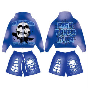 Özel Logo asit yıkama % 100% pamuk fransız Terry erkek fermuar Hoodies ve şort rahat eşofman erkekler için 2 parça şort takımı - Product Image 3