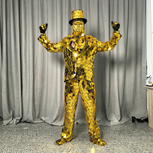 Costume de danseur de scène Richshining pour bar et spectacle, avec chevalettes dorées, miroir, pour homme et <span class=keywords><strong>femme</strong></span>, bleu, avec chapeau et gants - Product Image 4