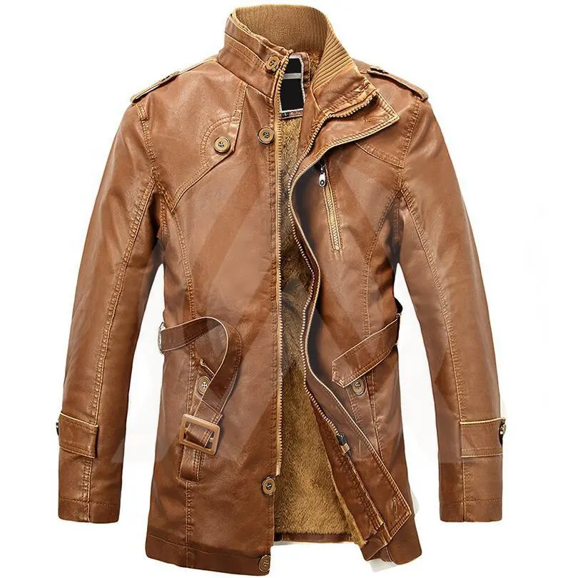 Wholesale- PU Leather Jacket Men Long Wool Stand Collar Coats Men's Leather Motocycle Jackets Outwear Jackets Eco-friendly Solid