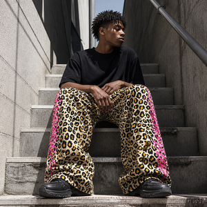 <span class=keywords><strong>Pantaloni</strong></span> Capri da <span class=keywords><strong>Uomo</strong></span> Y2K a Gamba Larga in Cotone 100% di Alta Qualità, Traspiranti, Lavorati a Maglia, con Stampa Leopardata e Scritta Rosa, Vita Elastica, Pesanti - Product Image 5