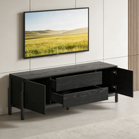 Meja TV Kayu Gelap Modern, Kabinet Televisi Berdiri Sendiri dengan Laci dan Pintu Penyimpanan, Konsol Media Ruang Tamu