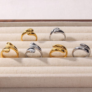 Alla moda 18K oro placcato in acciaio inossidabile regolabile in acciaio inossidabile grosso e ricurvo liscio a forma geometrica Multi pila anelli gioielli da donna - Product Image 6