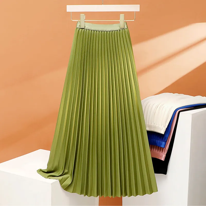 Black Long Pleated Skirt Women Summer 2024 Elegant Plain Korean Casual Simple Temperament High Waisted Midi Skirts 11 Colors