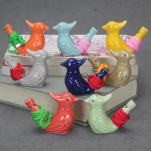 Kids music gift mini cute animal shape filling water bird ceramic whistle with lanyard