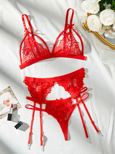 Lencería de encaje bordada con lazo estilo europeo y americano, calcetines colgantes, conjunto de tres piezas de ropa interior femenina, gran venta. - Product Image 2