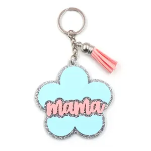 KH1284 2024 MAMA Keychain Cute Flower Mum Key Ring with Cham Mom Gift Plastic and Iron Coin Holder UV Printed New Design